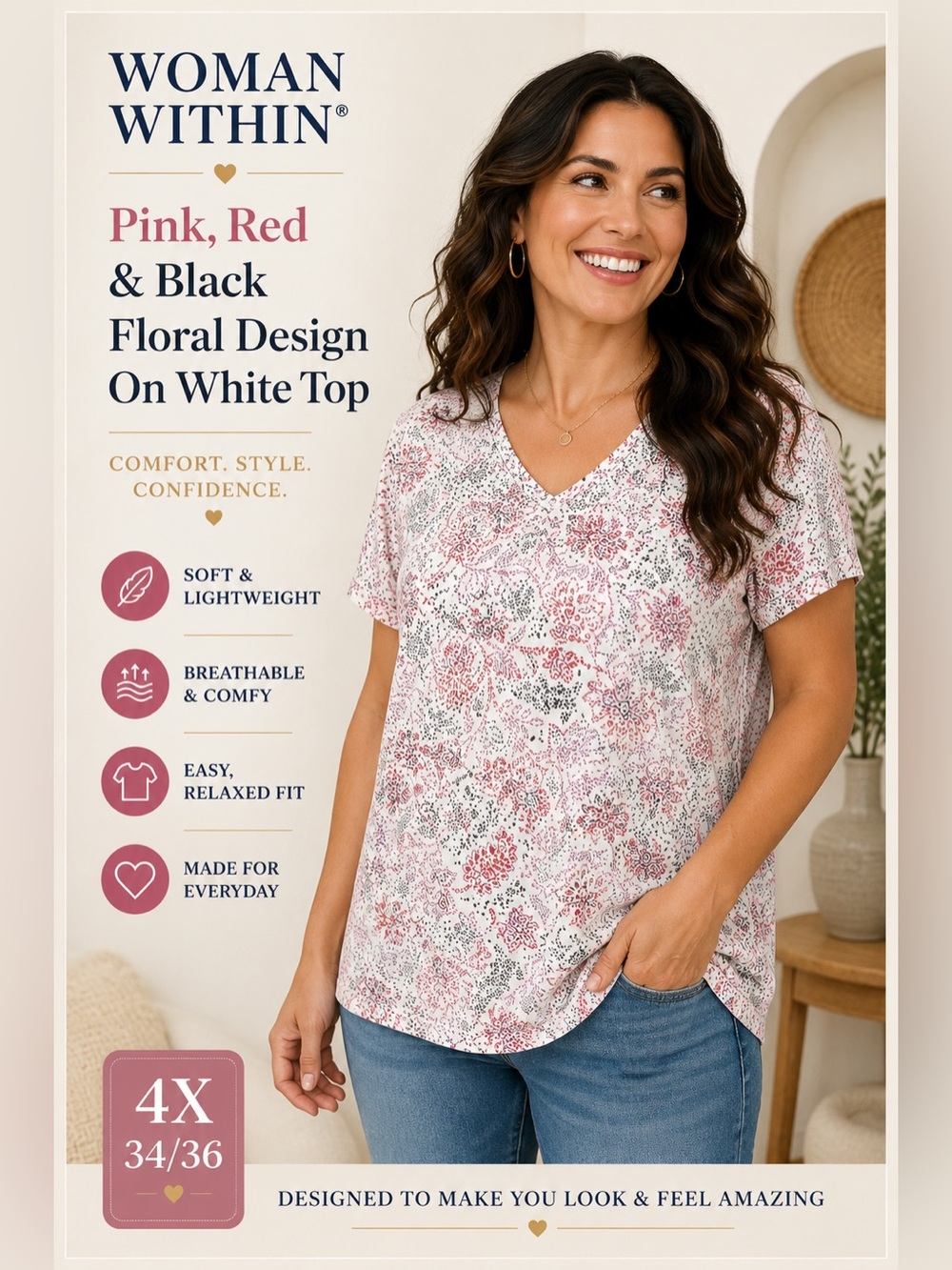 Woman Within Pink ,Red and Black Floral Design On White Top 4X 34/36